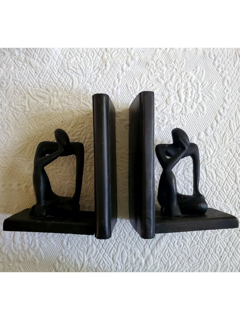 Vtg Set MCM Ghana Ebony Wood Thinker Bookends Pair Boho Ethnic Trabal African